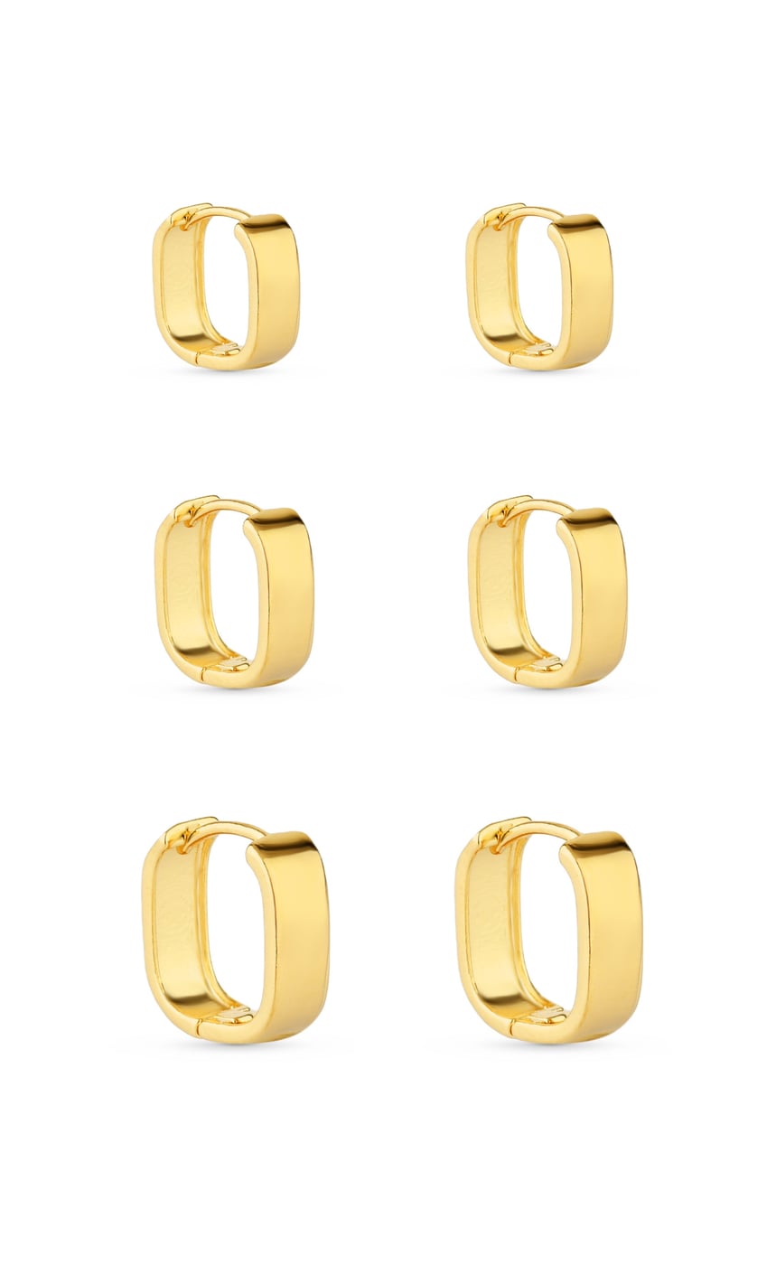 Trio de Brincos Semijoia Argolas Quadradas Lisas Banhados a ouro 18k