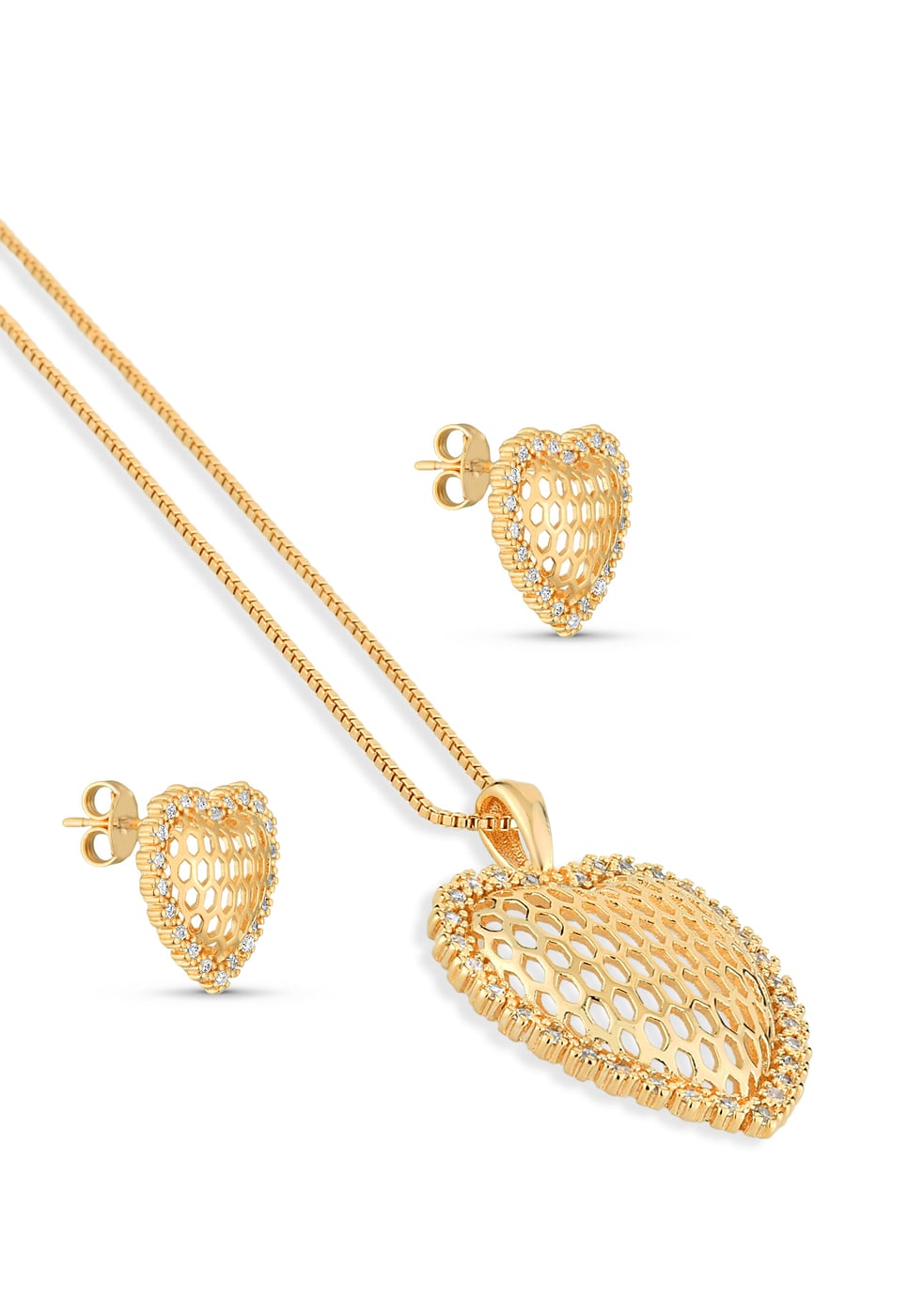 Conjunto Semijoia Colar E Brinco Coração Vazado 18k