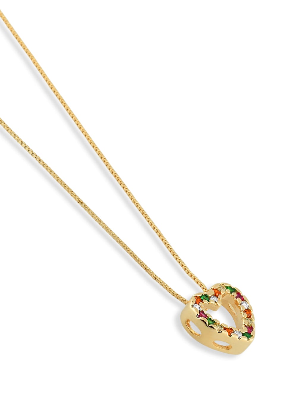Colar dourado com pingente de coração vazado cravejado de zircônias coloridas